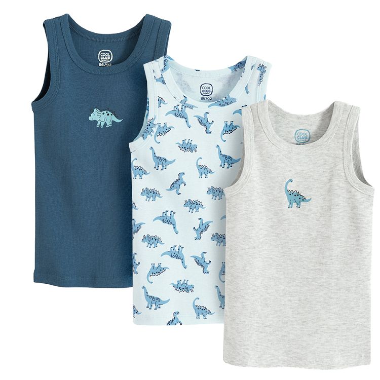 Ecru, light blue and blue underwear vest with dinosaur print- 3 pack