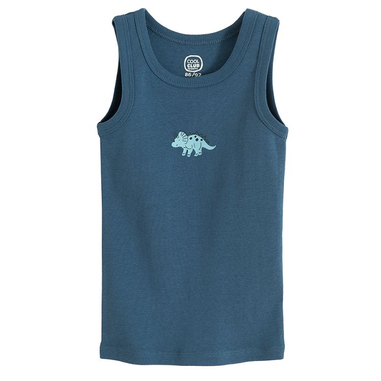 Ecru, light blue and blue underwear vest with dinosaur print- 3 pack