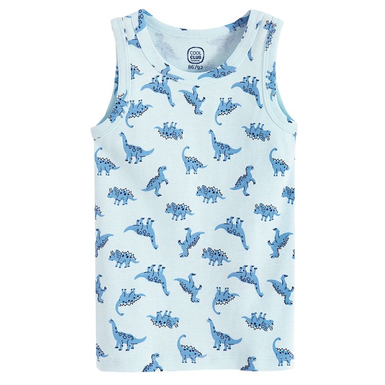 Ecru, light blue and blue underwear vest with dinosaur print- 3 pack