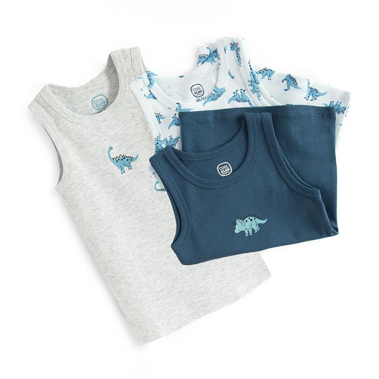 Ecru, light blue and blue underwear vest with dinosaur print- 3 pack