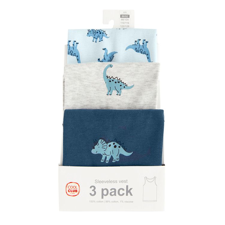 Ecru, light blue and blue underwear vest with dinosaur print- 3 pack