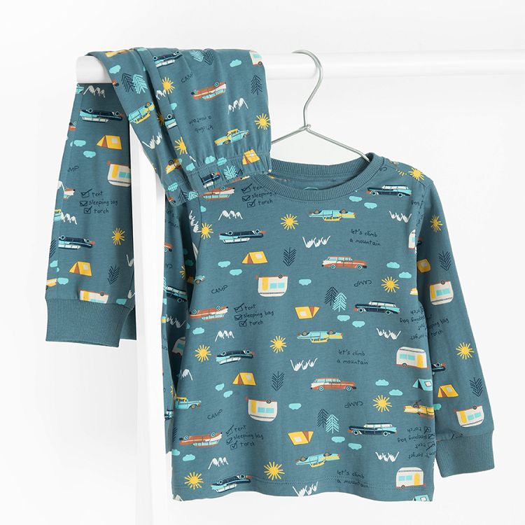 Blue long sleeve and pants pyjamas with camping print- 2 pieces