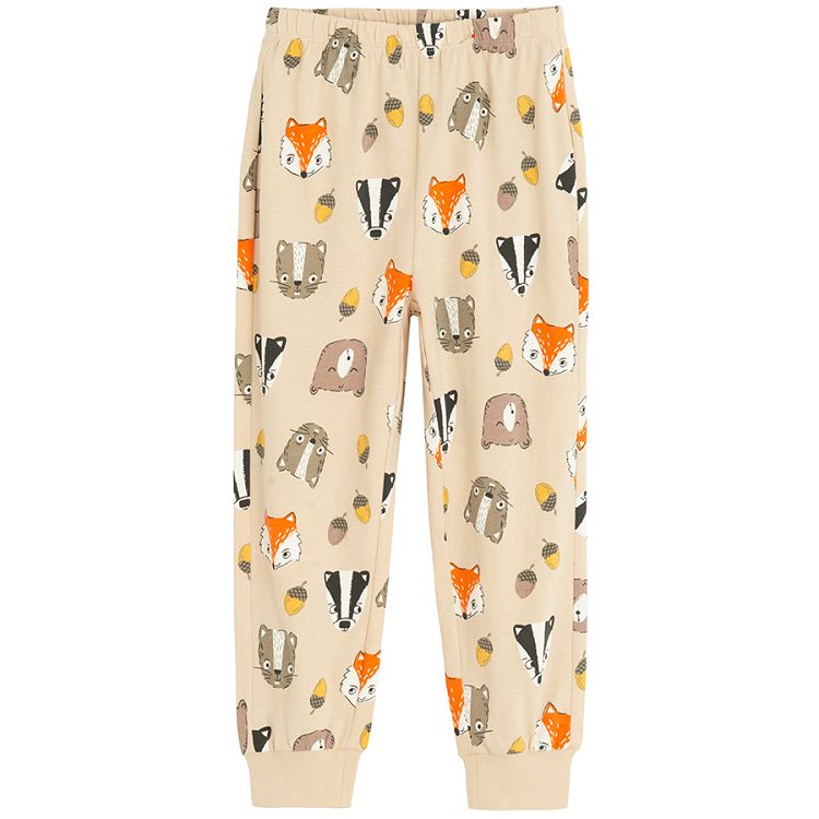 Beige long sleeve and trousers pyjamas with forest animals print- 2 pieces