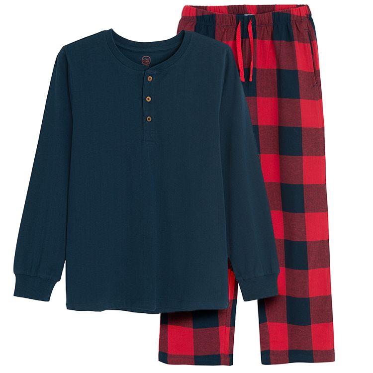 Blue long sleeve blouse and red and blue checked pants pyjamas