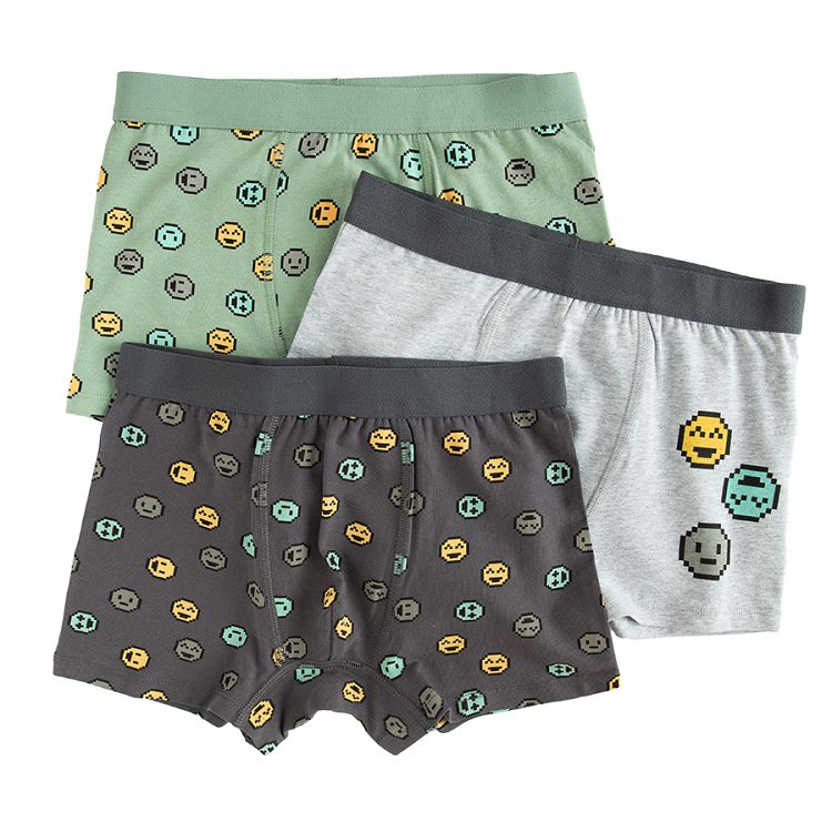 Light grey, grey and green boxer shorts with smileys print- 3 pack