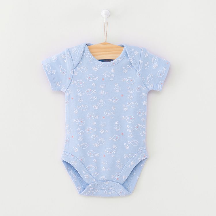 Pink white light blue short sleeve bodysuit with fish print 5-pack
