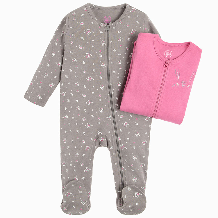 Grey and pink footed floral and bunnies print long sleeve footed sleepsuit with zipper