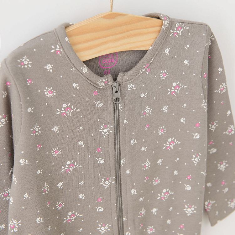 Grey and pink footed floral and bunnies print long sleeve footed sleepsuit with zipper