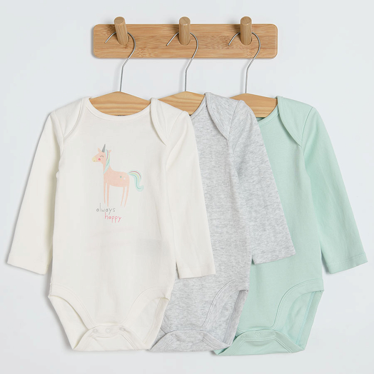 White grey and light green long sleeeve bodysuits with unicorn print- 3 pack