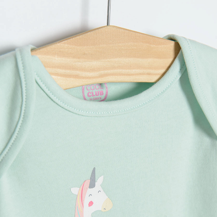 White grey and light green long sleeeve bodysuits with unicorn print- 3 pack