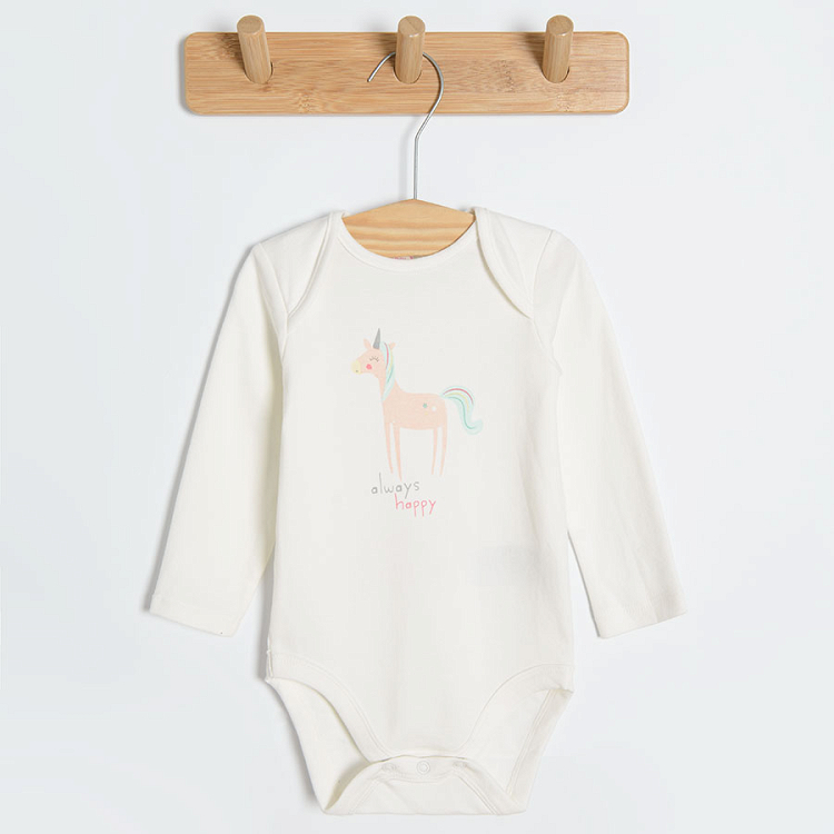 White grey and light green long sleeeve bodysuits with unicorn print- 3 pack