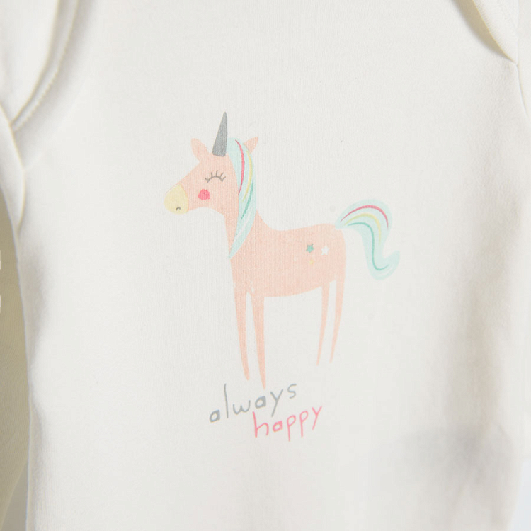 White grey and light green long sleeeve bodysuits with unicorn print- 3 pack