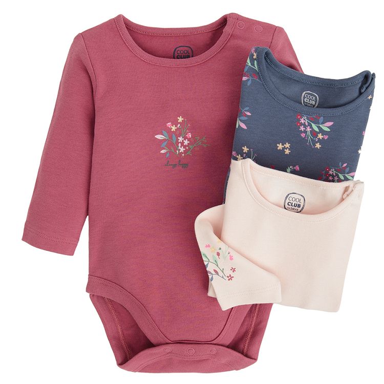 Pink, green and blue floral long sleeve bodysuits- 3 pack