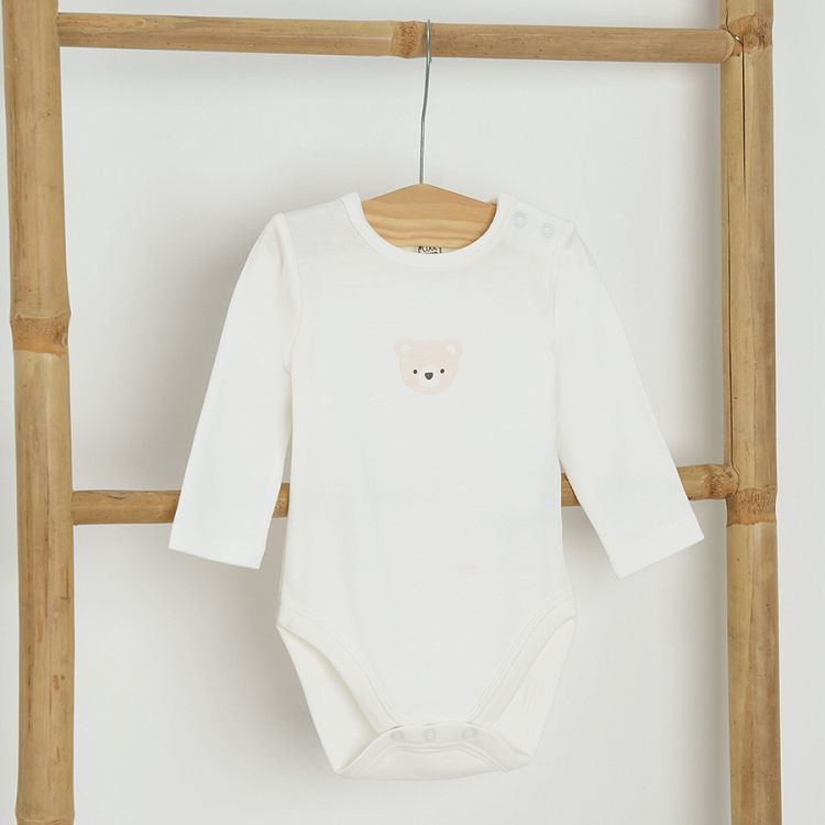 White, ecru and brown long sleeve bodysuits with bear print- 3 pack