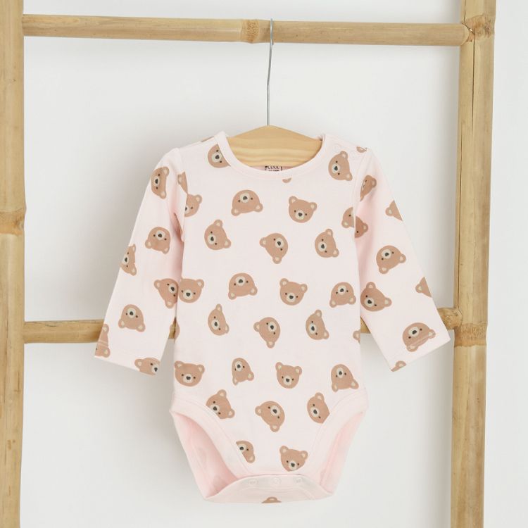 White, ecru and brown long sleeve bodysuits with bear print- 3 pack