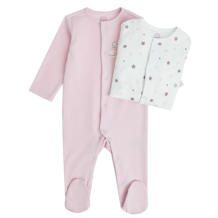 Pink and ecru footed overalls with planets print- 2 pack