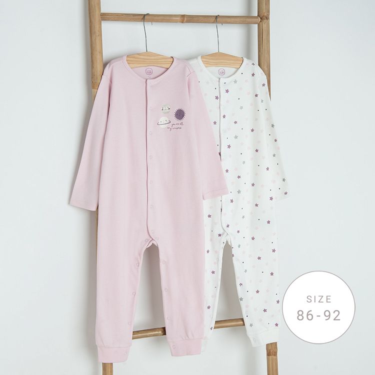 Pink and ecru footed overalls with planets print- 2 pack