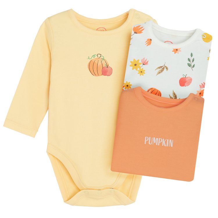 White, beige and dusty pink long sleeve bodysuits with pumpkin prints