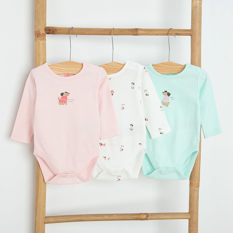 White, pink, light green long sleeve bodysuits with cute small animals print