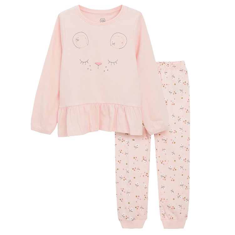 Pink long sleeve pyjamas with kitten print on the blouse and flowers on the pants