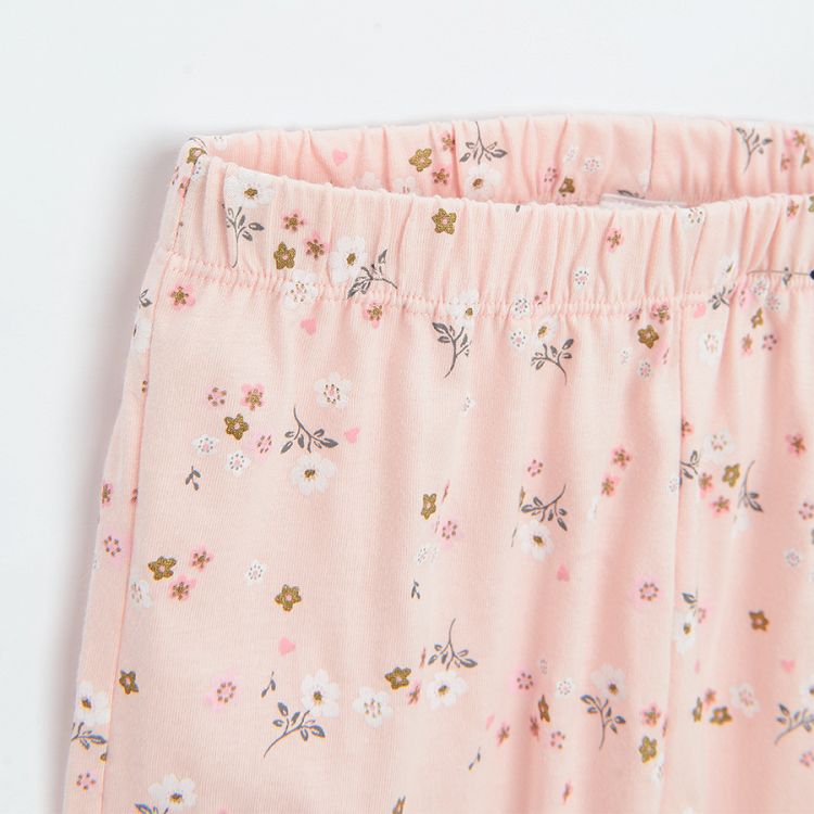 Pink long sleeve pyjamas with kitten print on the blouse and flowers on the pants