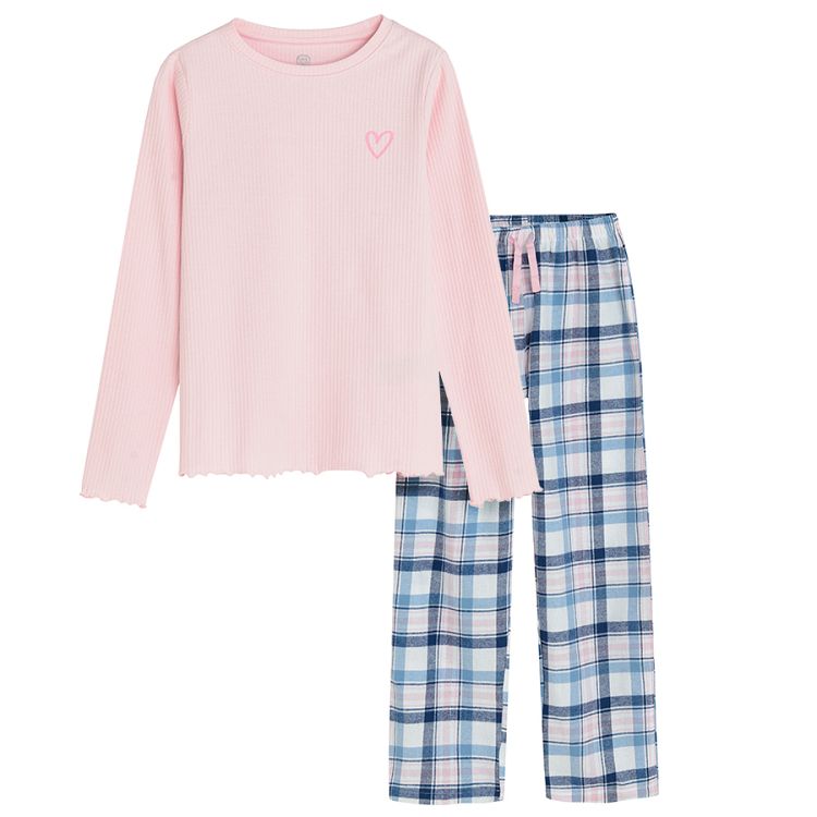 Pyjamas, pink long sleeve blouse and checked pants