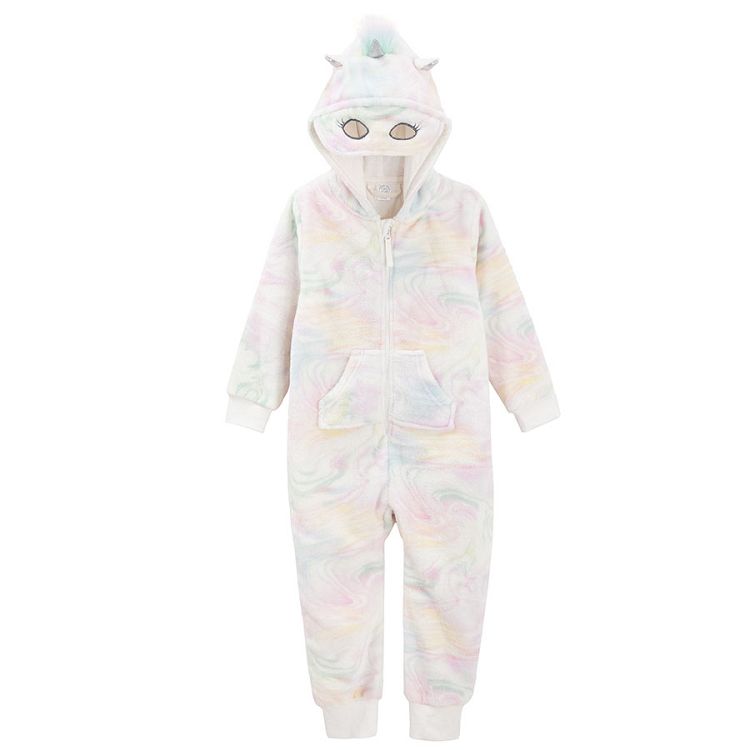 Tie dye footless hooded zip through overall with unicorn pattern on hood