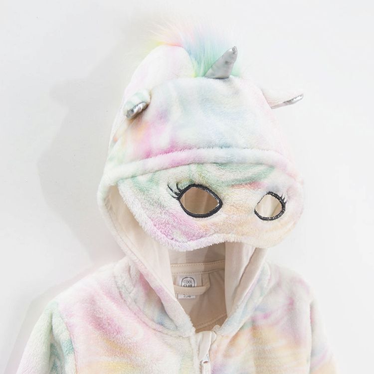 Tie dye footless hooded zip through overall with unicorn pattern on hood