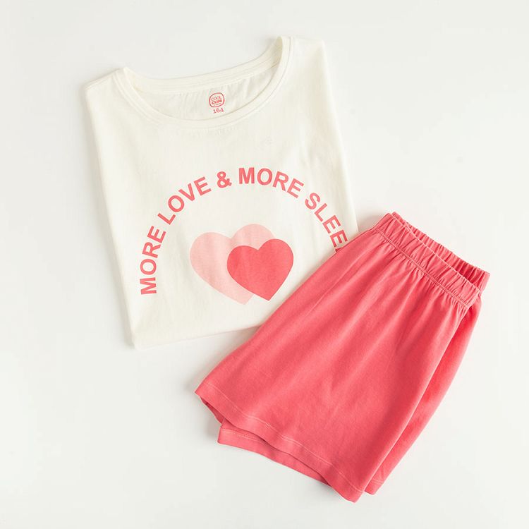 Pyjamas, white short sleeve MORE LOVE & MORE SLEEP print with hearts and shorts and pink long sleeve with long pants- 2 pack