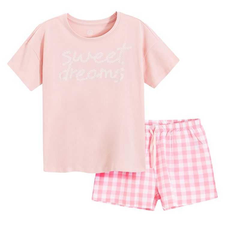 Pink short sleeve blouse SWEET DREAMS print and checkered shorts pyjamas- 2 pieces