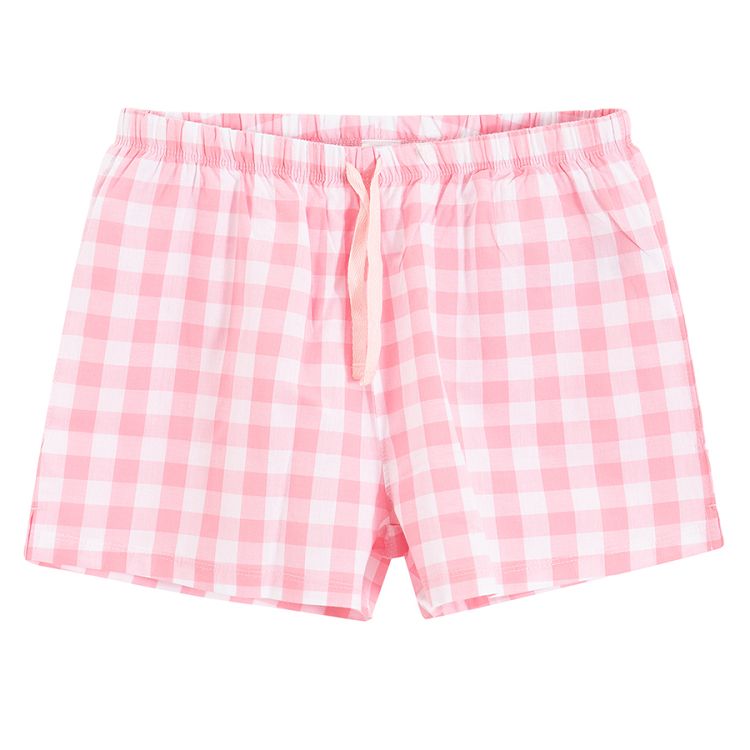 Pink short sleeve blouse SWEET DREAMS print and checkered shorts pyjamas- 2 pieces