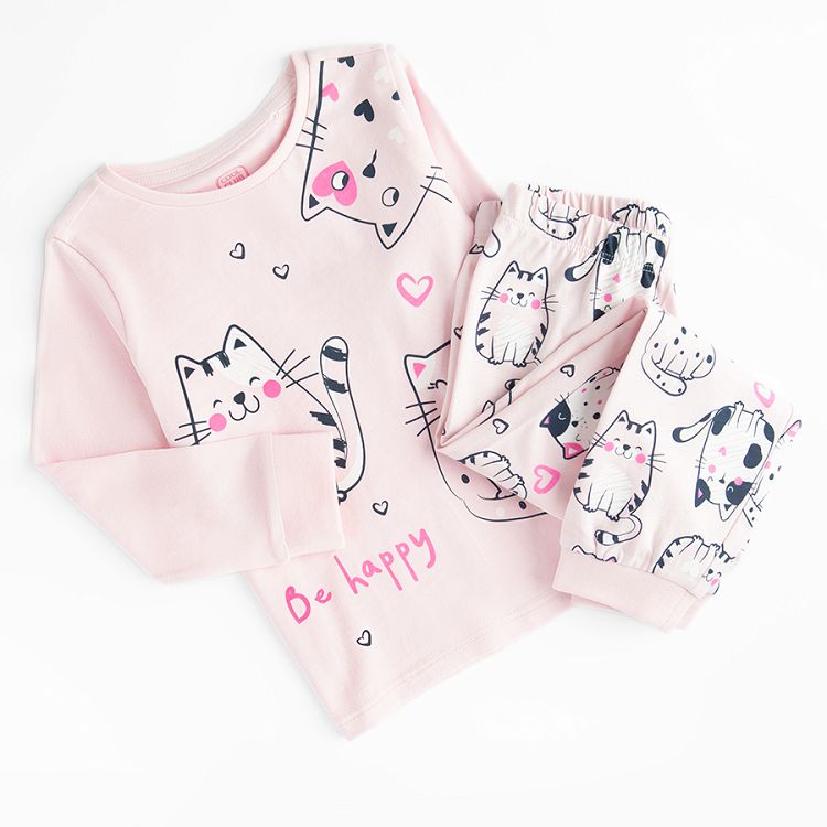 Pink long sleeve and pants pyjamas with kittens print - 2 pieces