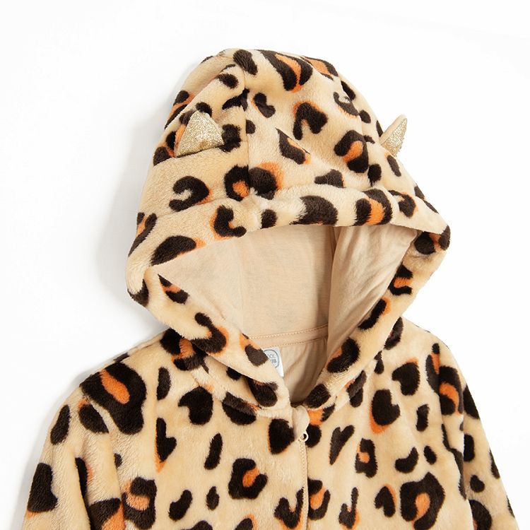 Animal print hooded footles overall