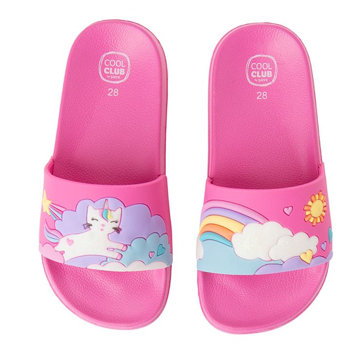 Pink flip flops with unicorn print