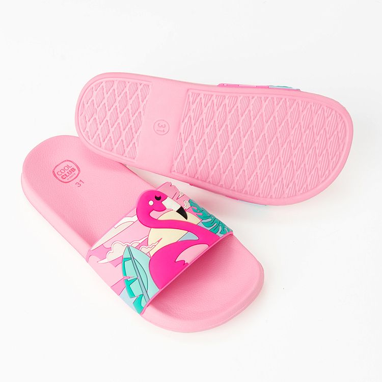 Pink flip flops with flamingo pattern