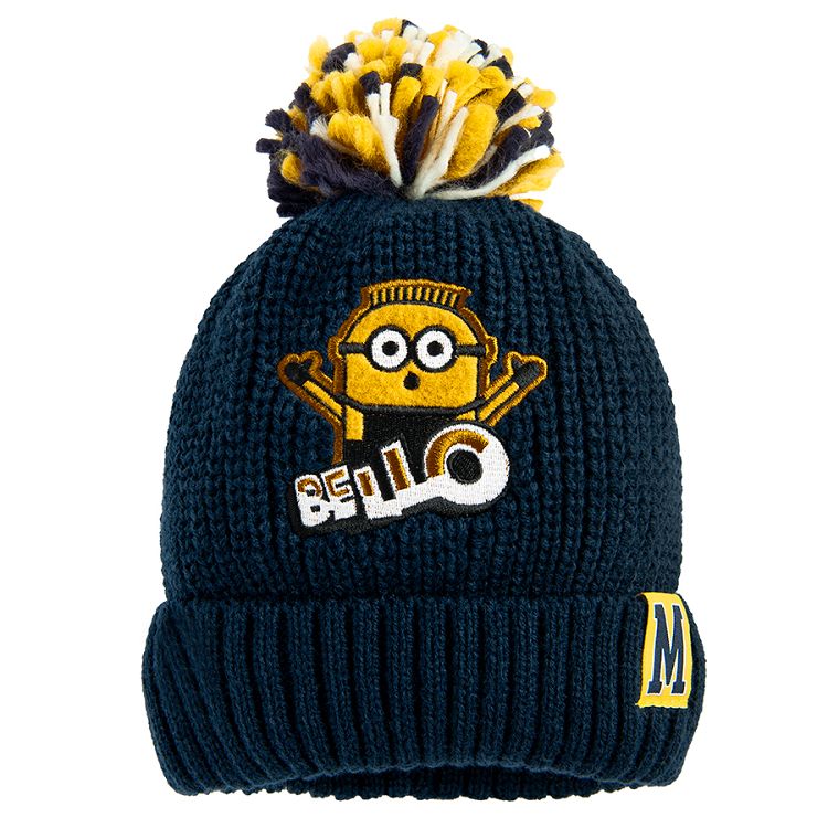 Minion blue winater earflap beanie with pom pom