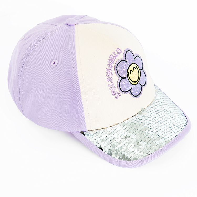 Smile white and puple jockey hat with sequences and daisy print