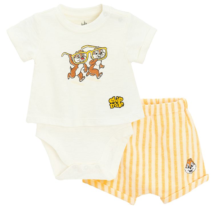 Chip and Dale set of white short sleeve bodysuit and striped shorts- 2 pieces