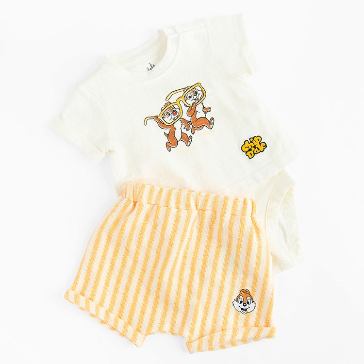 Chip and Dale set of white short sleeve bodysuit and striped shorts- 2 pieces