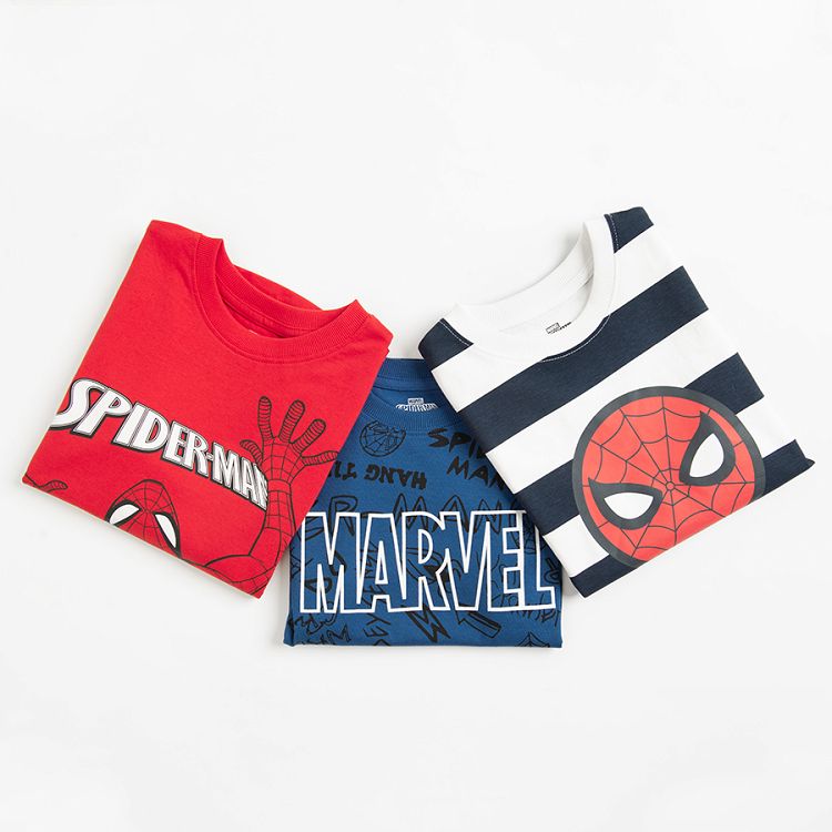 Spiderman red, blue, blue and white stripes T-shirt- 3 pack