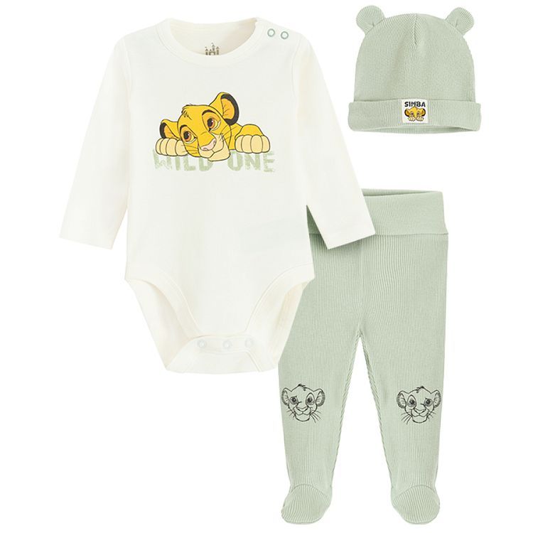 Lion Kinf long sleeve white bodysuit, khaki footed leggings and beanie- 3 pieces