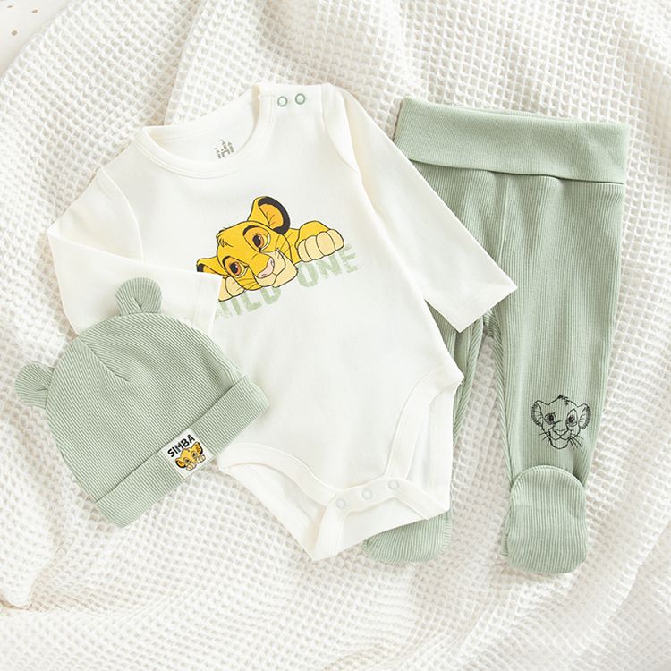 Lion King long sleeve white bodysuit, khaki footed leggings and beanie- 3 pieces