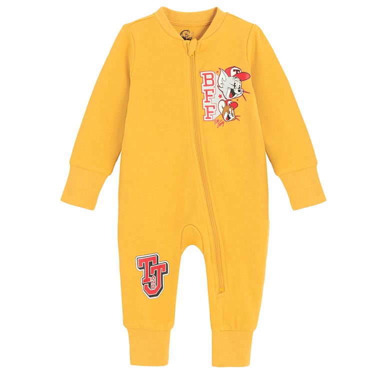 Tom and Jerry blue and yellow zip through footless overalls- 2 pack