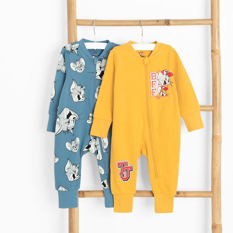 Tom and Jerry blue and yellow zip through footless overalls- 2 pack