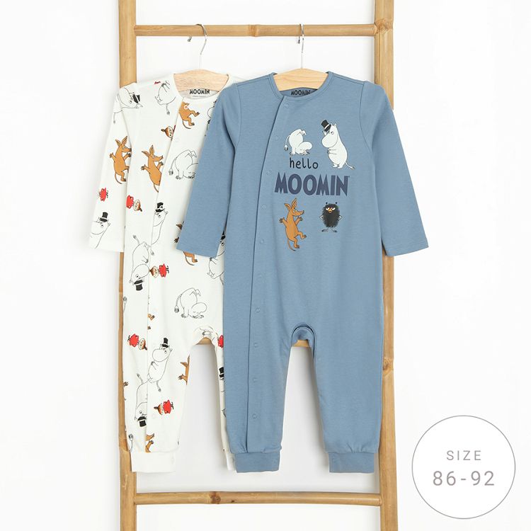 Moomins white and blue footed overalls with side clips- 2 pack