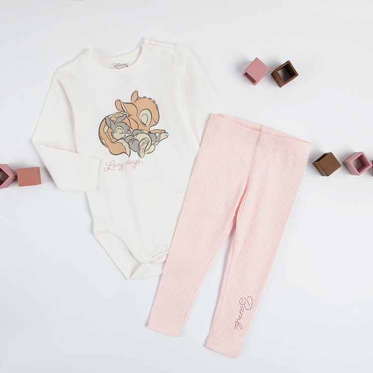 Bambi white long sleeve bodysuit and light pink leggings set