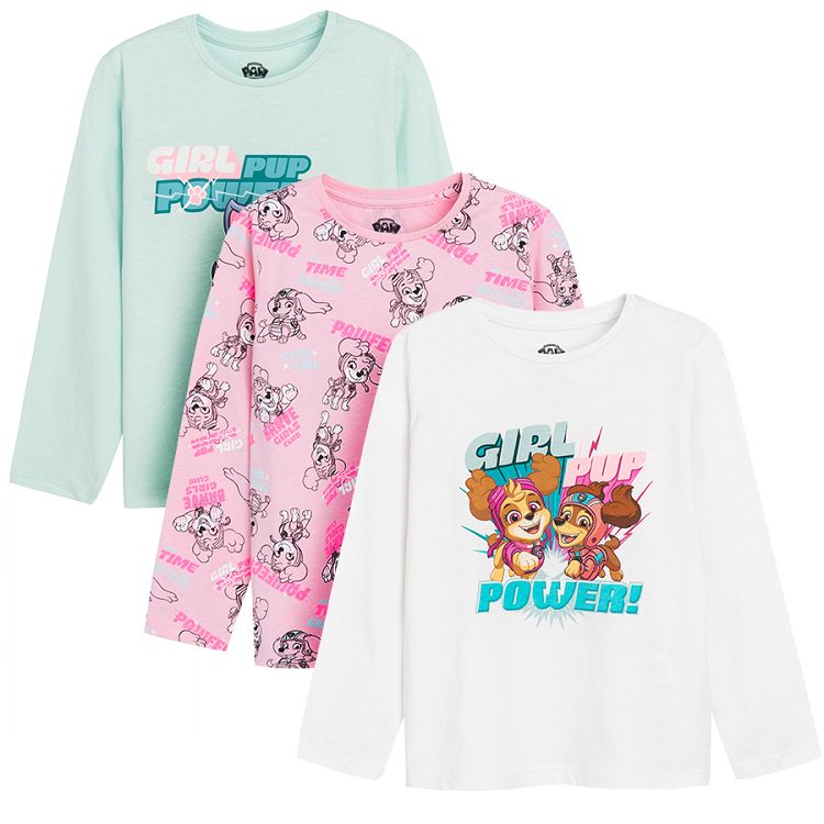 Paw Patrol white, pink and mint long sleeve blouses- 3 pack