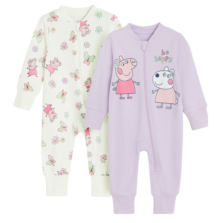 Peppa Pig white and purple footless overalls side zippers- 2 pack