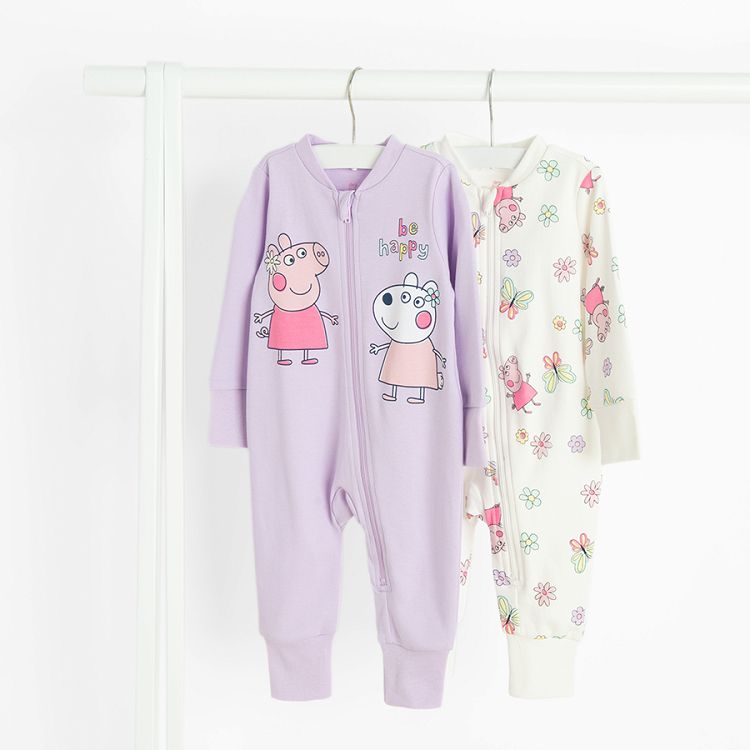 Peppa Pig white and purple footless overalls side zippers- 2 pack