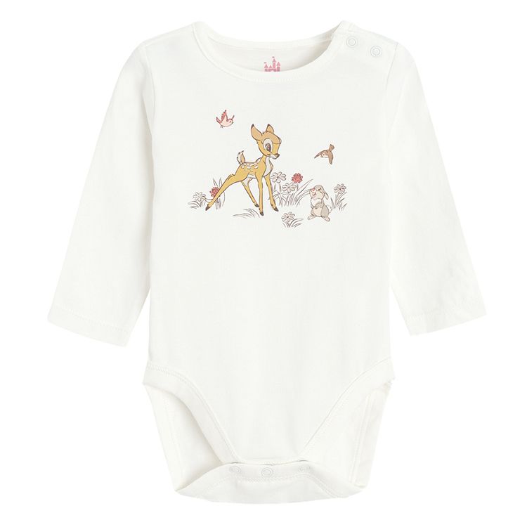 Bambi white long sleeve bodysuit and light brown footed leggings, hair band- 3 pieces